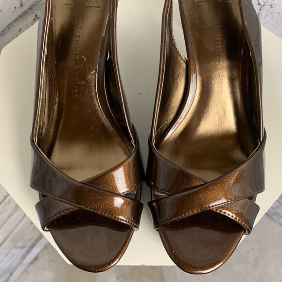 Etienne Aigner Ophelia Open Toe Sling Back Brown Patent Faux Leather Sandals - Picture 4 of 9